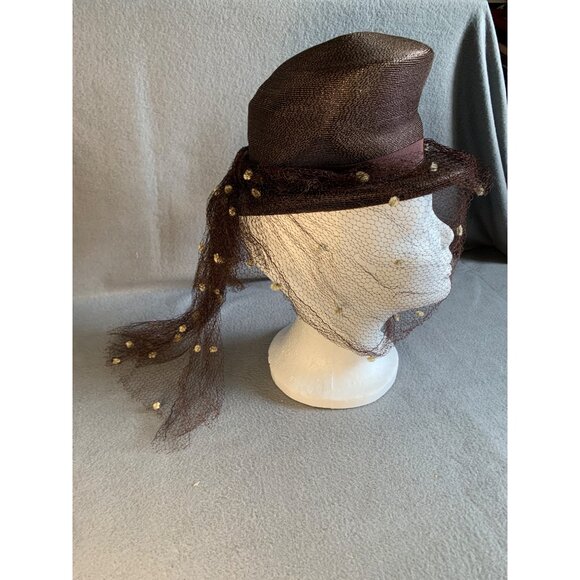 Ladies Brown Hat with netting and Pom Pom accents Sz 22 Vintage main image 9